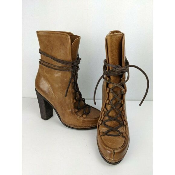 Buttero Tan Leather Lace Up Heeled Boots Size 36 - Picture 1 of 10